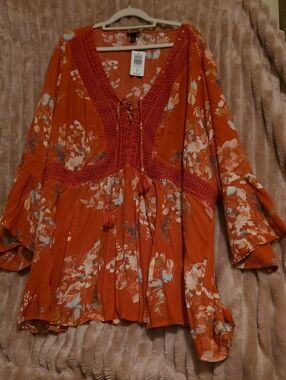 Torrid Orange Floral Crochet-Trim Tunic Top